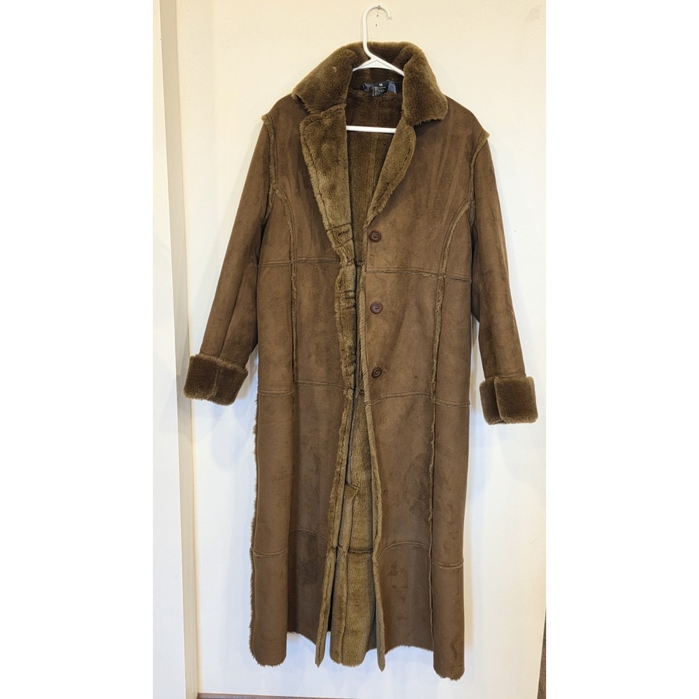 Vintage Y2K Womens MD Brown Faux Shearling Maxi Coat Fur Collar Cuffs Penny Lane
